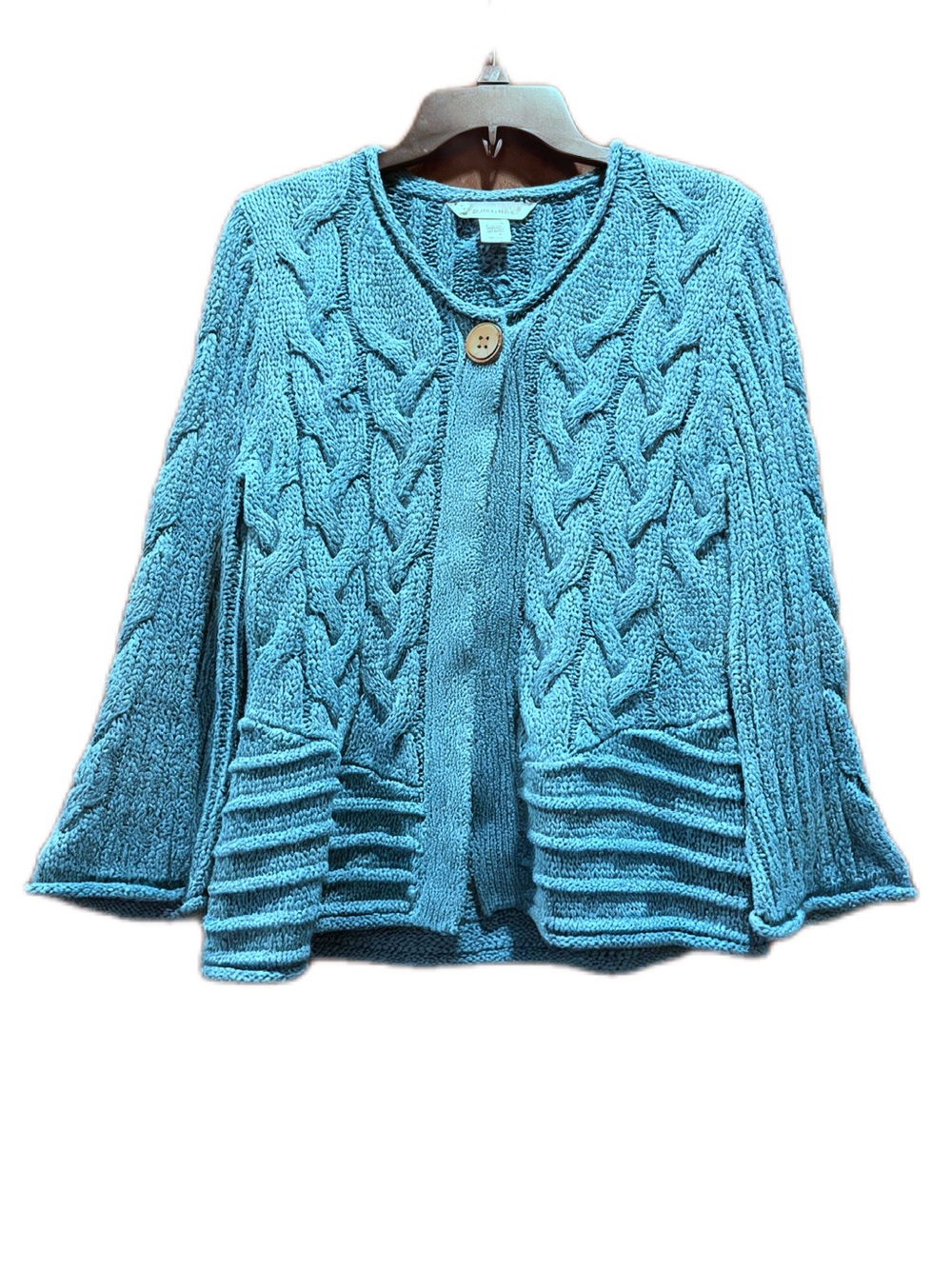 Gillian Nicole Chunky Cable Knit Open Cardigan Sweater - Teal 100% Cotton Size M